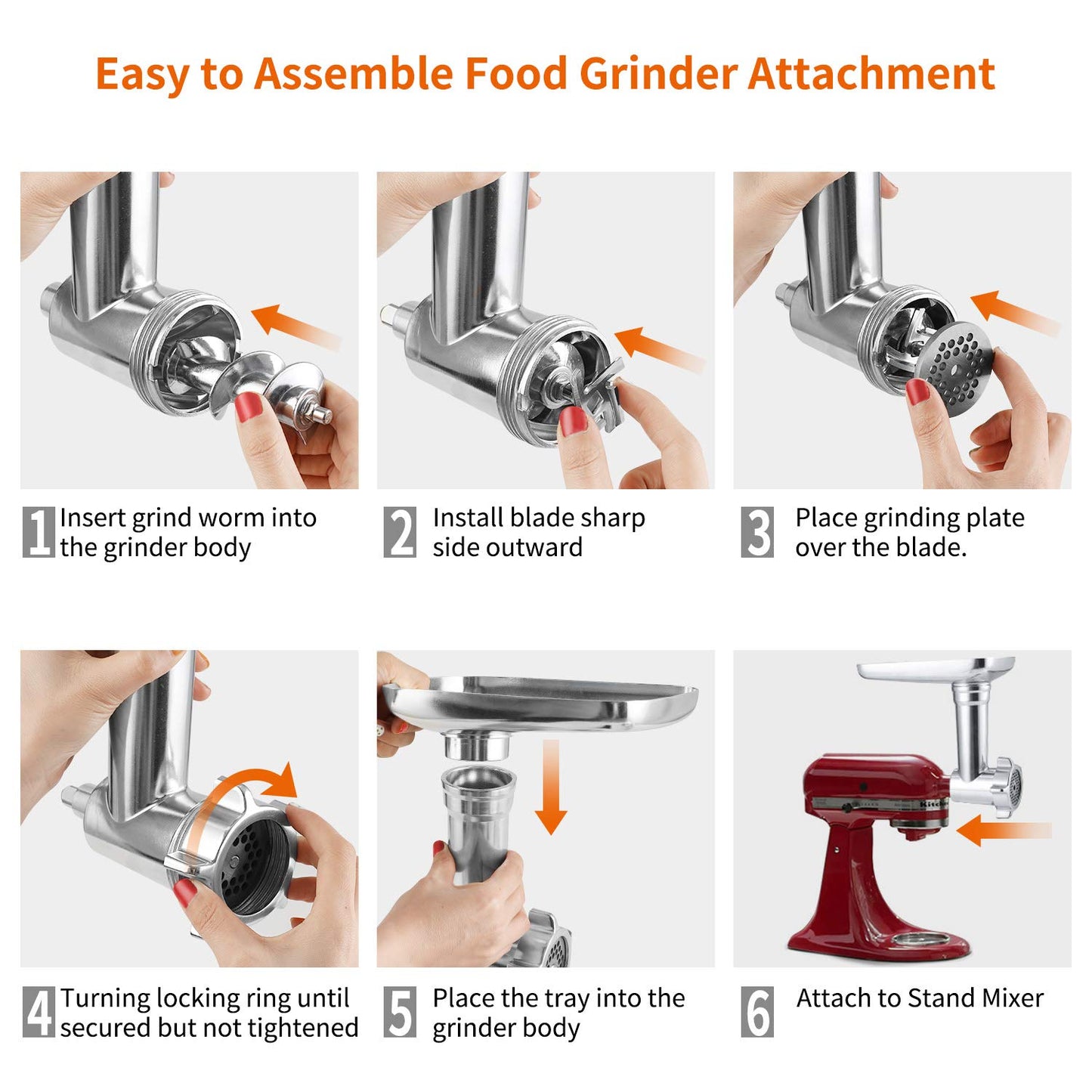 Gdrtwwh meat grinder attachment compatible with all KitchenAid stand mixers - includes 3 sausage stuffing tubes, 2 grinding blades, and 5 grinding plates.