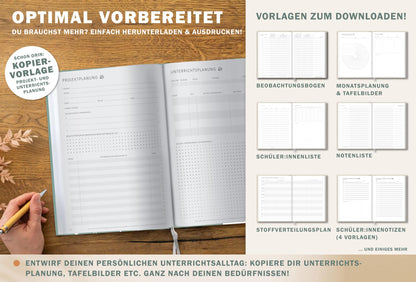 One of the Good Teacher Planners 2025 2026, A4 Elementary School Planner, 1 double page per week, Hardcover School Planner for the 25/26 school year, Mint White with Flowers, FSC Paper