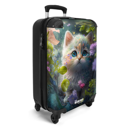 NoBoringSuitcases.com® Kids' suitcase for girls with cute illustrations of kittens, flowers, and forest. Compact hand luggage trolley measuring 55x40x20 cm.