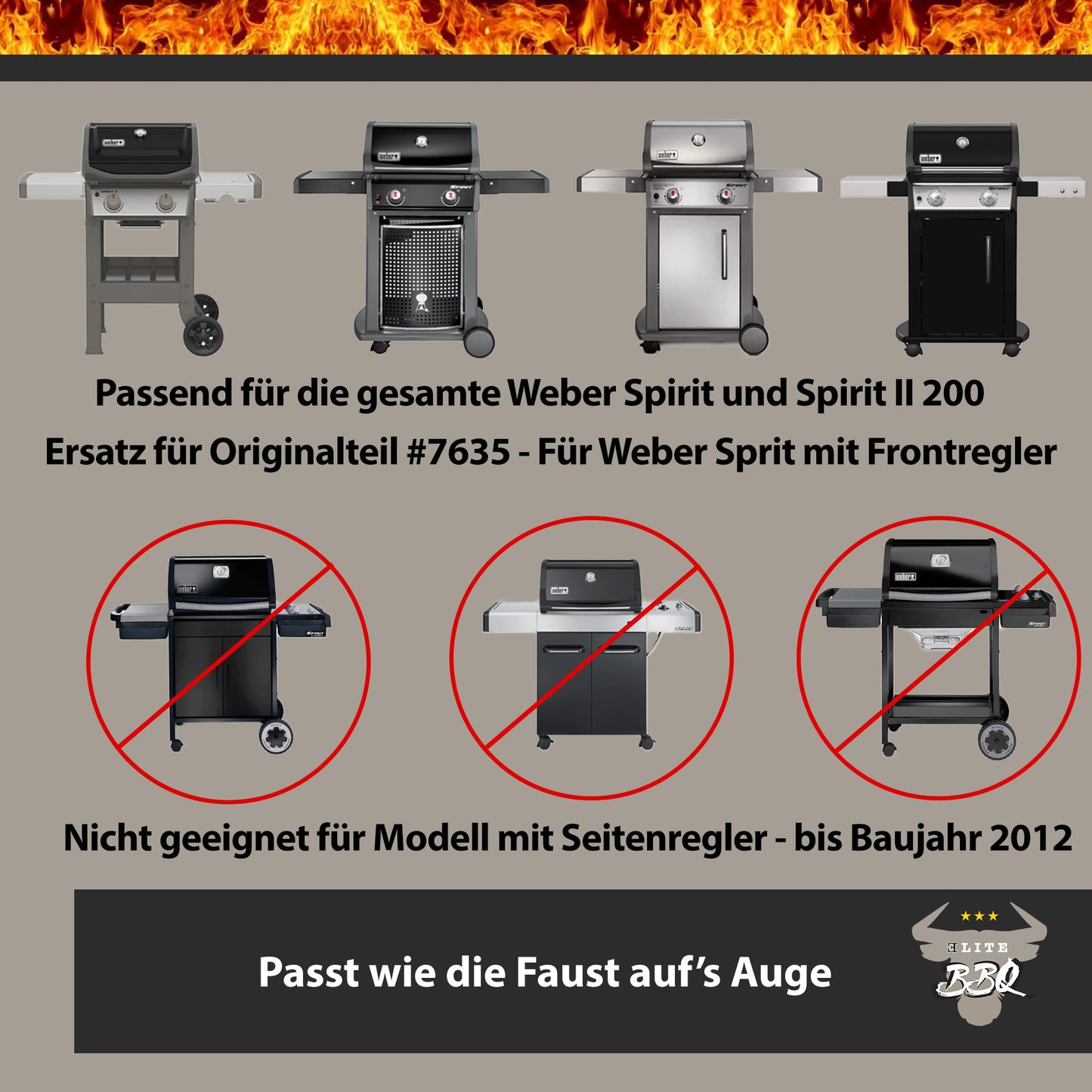 Elite BBQ 1.5mm thick burner cover and flavorizer bars for Weber Spirit 210/220 from 2013. Replacement parts include 7365 heat reflector for Spirit I & II E210/E220/S210 gas grills.