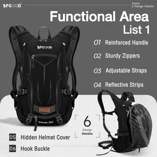 SPGOOD Bike Backpack 20L/25L/30L (9 colors) - Waterproof Ultralight - for Women & Men Multifunctional - with Rain Cover/Helmet Cover Backpacks MTB Mountain Bike (Black, 25L)