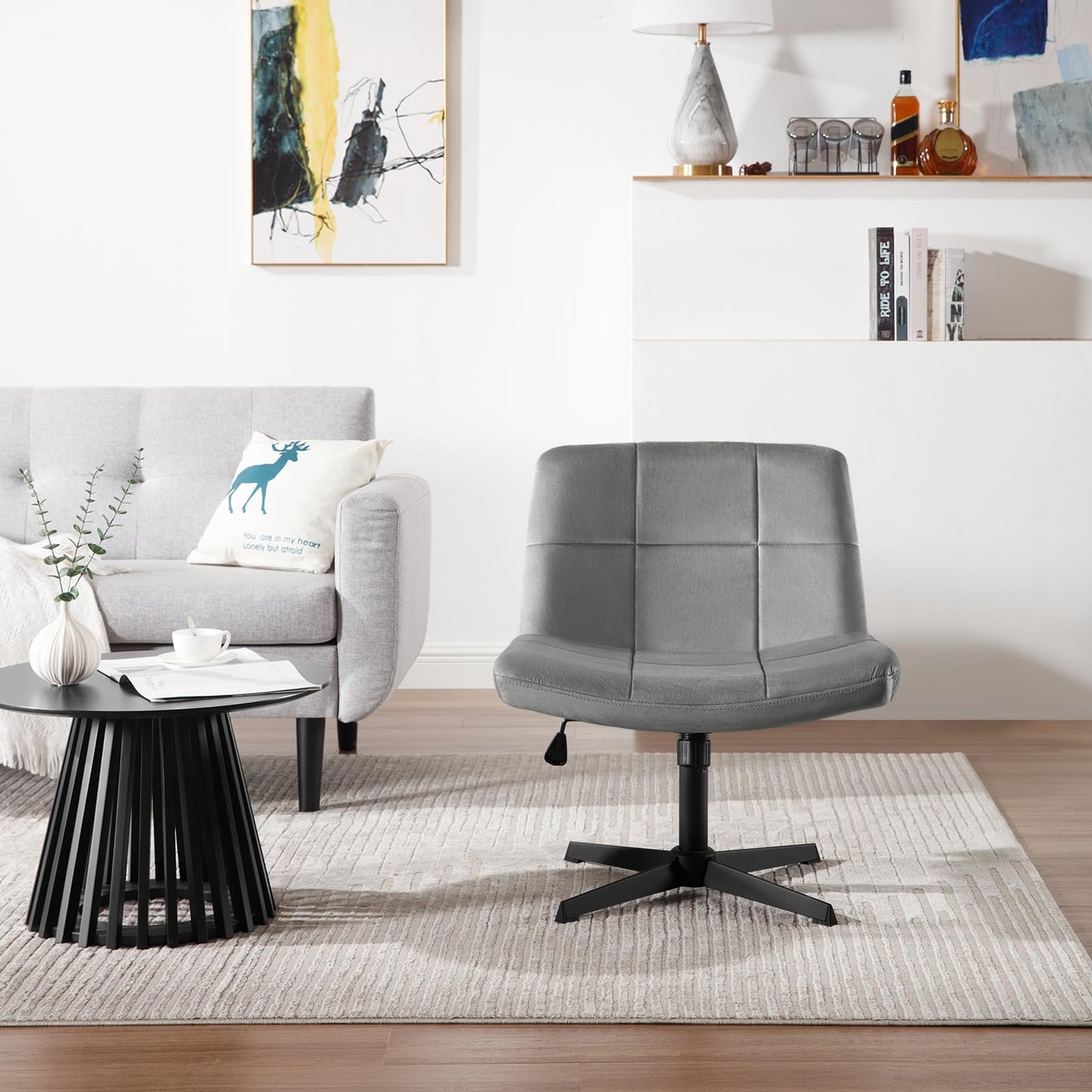 WOLTU Office Chair without armrests, height adjustable swivel chair without casters, desk chair with velvet cover, reading chair with wide seat, rocking function, 150 kg load capacity, Dark Grey, BS158dgr