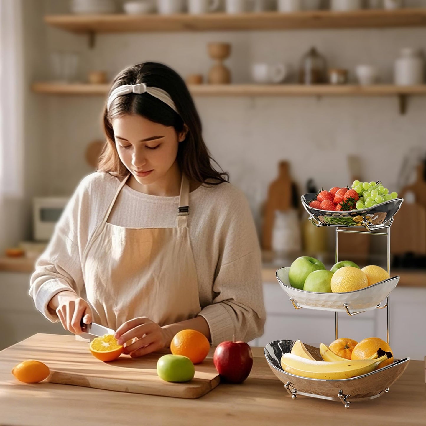 Acliy's 3-tier ceramic fruit bowl for kitchen, perfect for storing fruits and vegetables, snacks, nuts, desserts, and cakes. Great for parties and weddings.