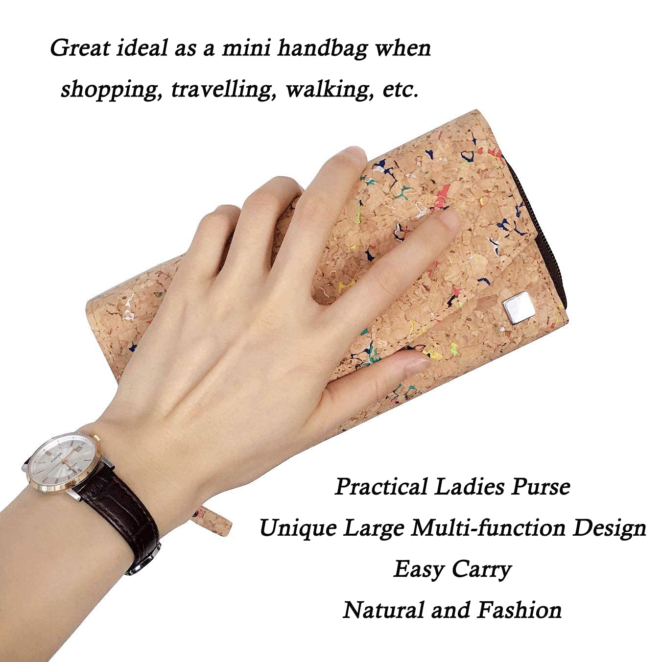 Boshiho cork wallet for women, sustainable vegan purse made from large cork with zipper. Features multiple compartments, ideal vegan gift.