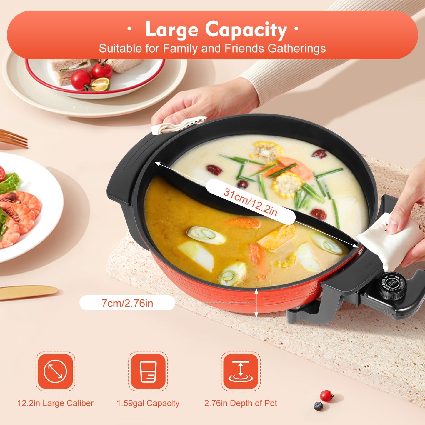 1300W 6L Electric Hot Pot Twin Cooker Fire Pot Yin Yang Hotpot 2 Sided Soup Pot, Electric Stewpan Wok Pan, Hotplate, Non-Stick Chinese Hotpot