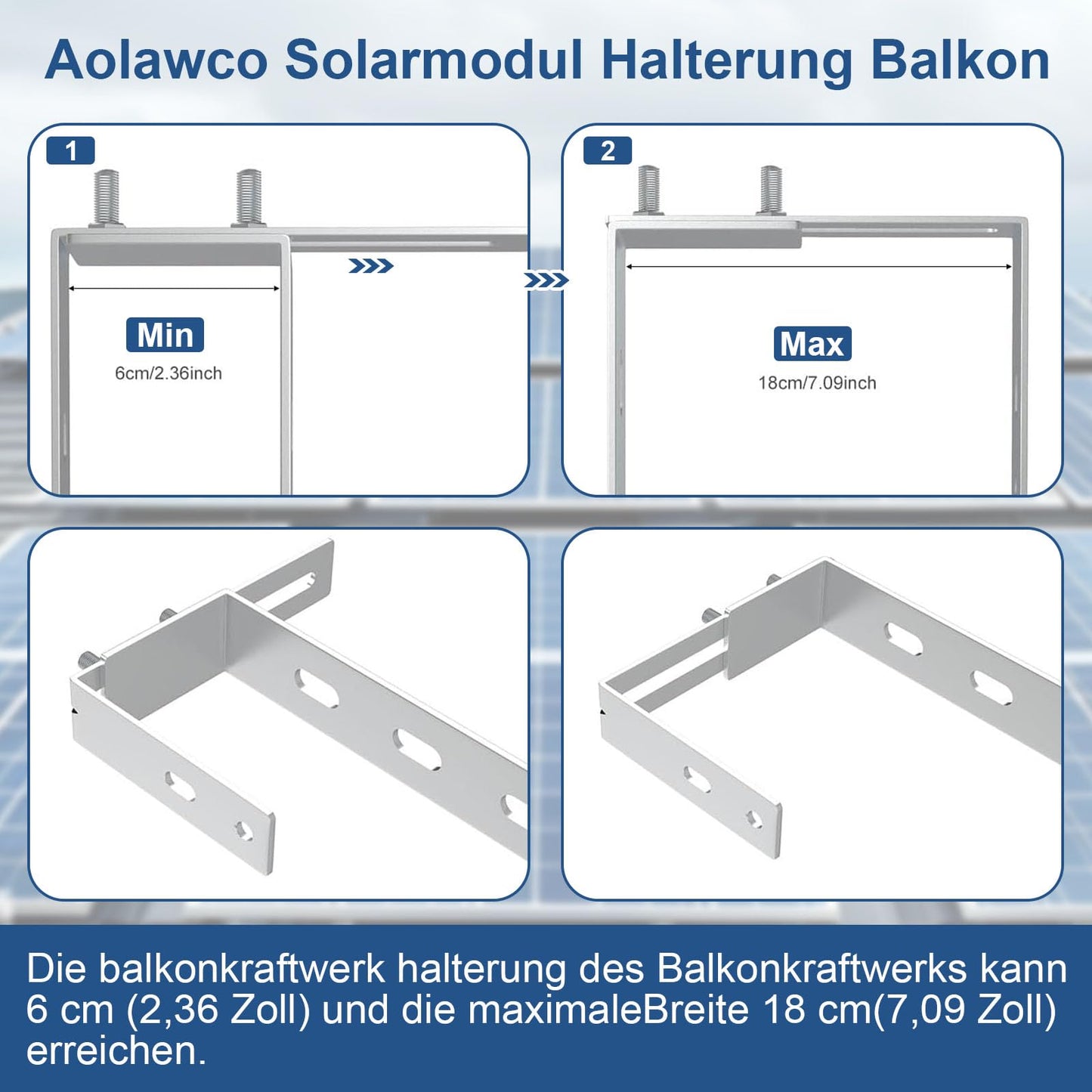 Aolawco 4 Piece Solar Balcony Power Station Bracket Balcony Hook Set, Adjustable Balcony Mount for Solar Panels, Solar Panel Bracket No Drilling Required for Solar Module Round Square Balcony Area