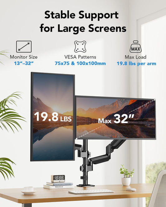 HUANUO Monitor Mount 2 Monitors 13-32 Inch, Height Adjustable Screen Mount with Long Arm, VESA 75/100mm, Increased Load Capacity 2-9 kg, 2 Mounting Options