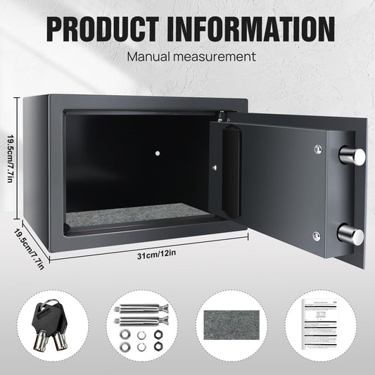 Safe fireproof waterproof safe with combination lock and 2 keys. Made of steel, wall safe for home, office, school, hotel. Dimensions 31x20x20cm, 8.5L capacity. Color: Gray.