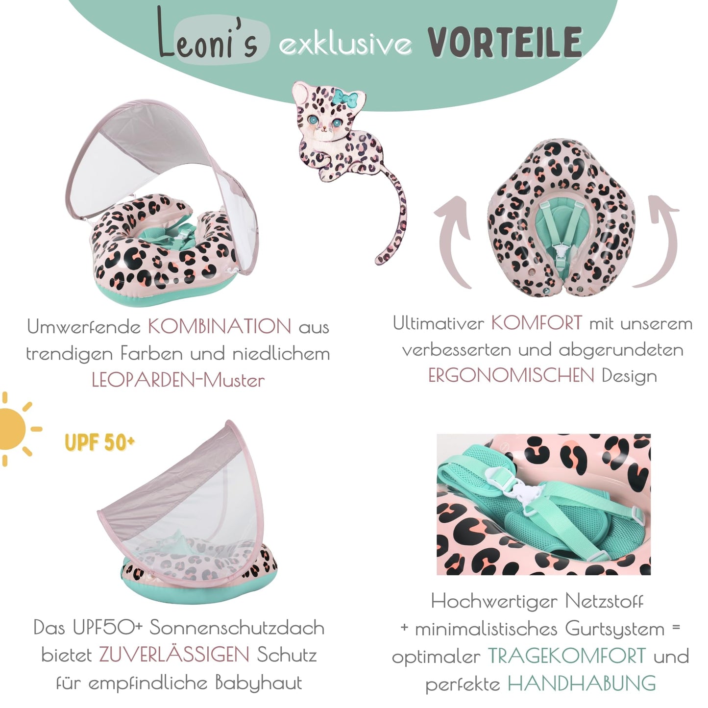 EDWEKIN® Premium Baby Swim Ring Leoni 2025 with UV canopy (UPF 50+) | TÜV certified | Ideal baby float for 6-36 months | Stylish, safe & comfortable - the cutest swimming ring for kids