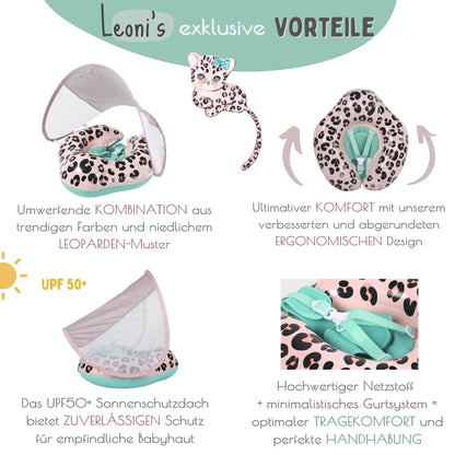 EDWEKIN® Premium Baby Swim Ring Leoni 2025 with UV canopy (UPF 50+) | TÜV certified | Ideal baby float for 6-36 months | Stylish, safe & comfortable - the cutest swimming ring for kids