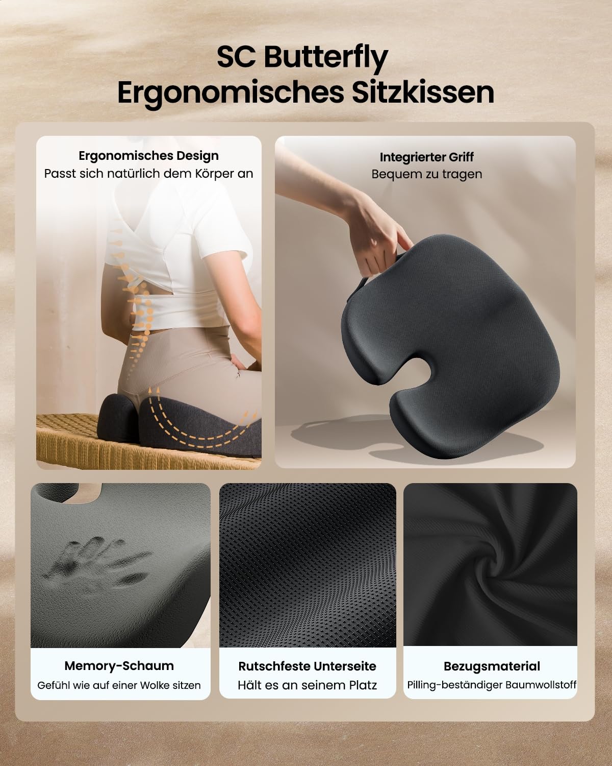 ProtoArc Seat Cushion Office Chair Ergonomic, Orthopedic Seat Cushion Relieves Coccyx, Sciatica, Hip, Memory Foam Cushion for Wheelchair, Car, Plane, All-Day Comfort Coccyx Cushion
