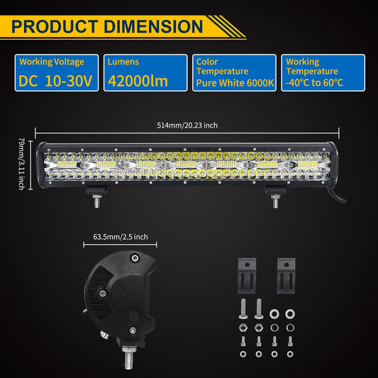 Willpower 20 Inch 51CM 420W LED Work Light Bar + Magnetic Mounts + Wiring Harness LED Headlights 12V 24V Floodlight Spot for Offroad Car Tractor Auxiliary Headlights Reverse Light
