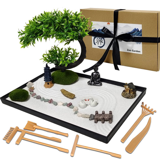 LuXianYS Japanese Zen Garden for Desk, 12x8 Inch Home Mini Zen Garden Set, Japanese Zen Sand Garden Miniature Gift Set for Home, Office Ornament