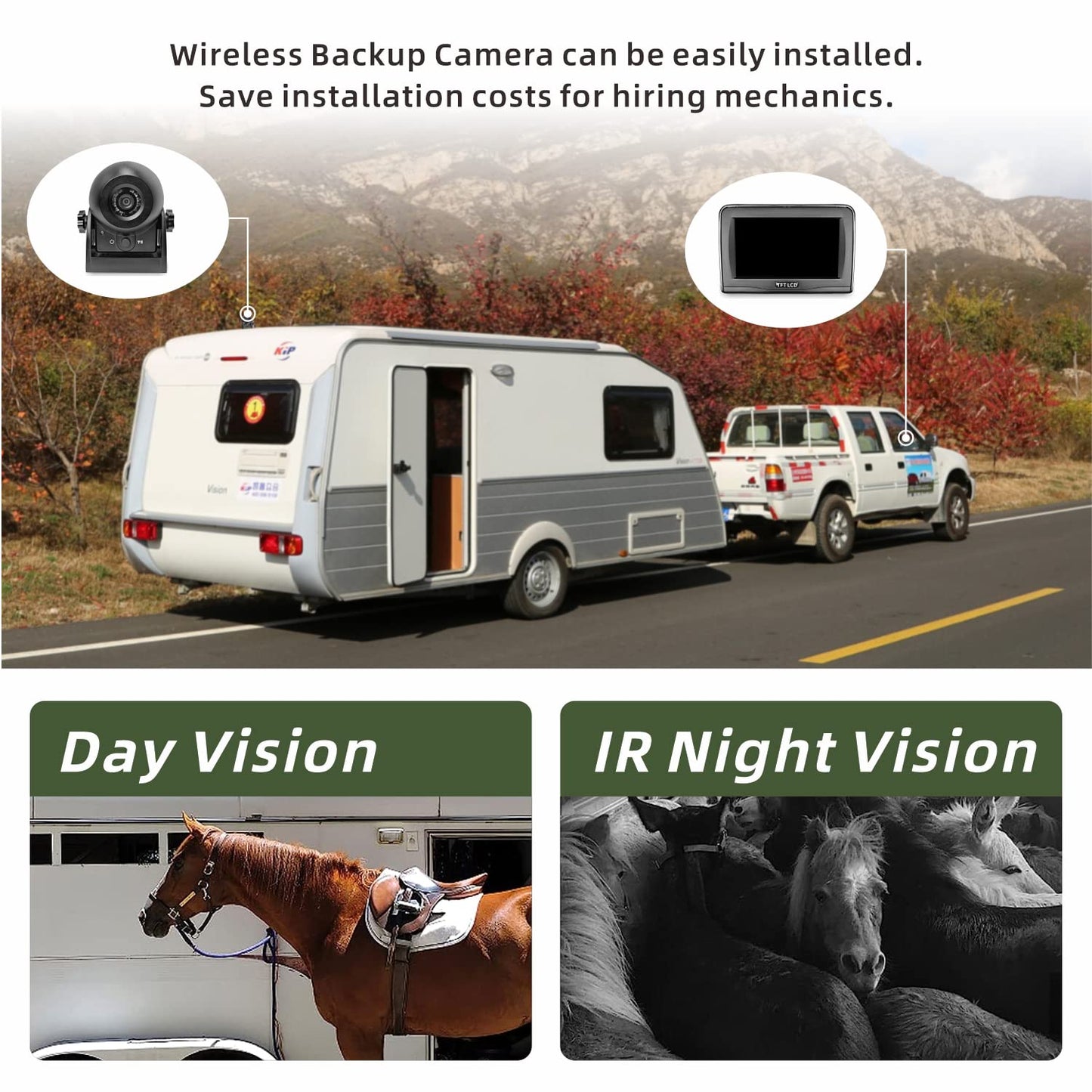 MHCABSR WiFi Wireless Magnetic Hitch Camera Backup with 4.3 Inch LCD Monitor Display Rear View for Gooseneck Horse Trailer Boat RV Camper Car