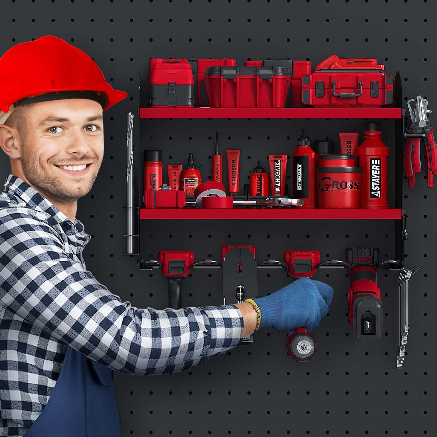 Tool storage drill holder Wall mounted cordless hammer drill 4 slots Heavy duty electric drill storage rack Screwdriver organization tool holder tool rack (Red)