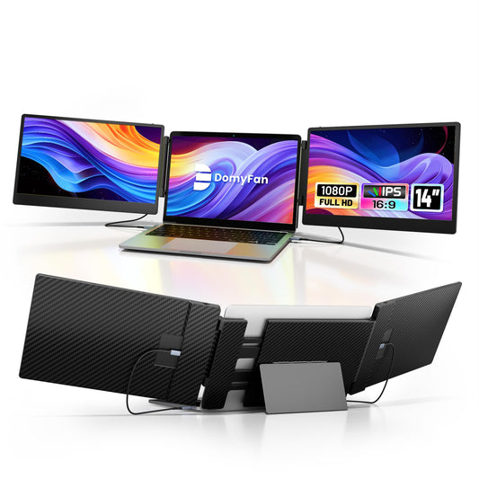 domyfan 14" Portable Monitor for Laptop, 1080P FHD Triple Laptop Screen Extension, HDMI/USB-A/Type-C Plug and Play, compatible with Windows/Mac/Android/Chrome/Switch/PS5.
