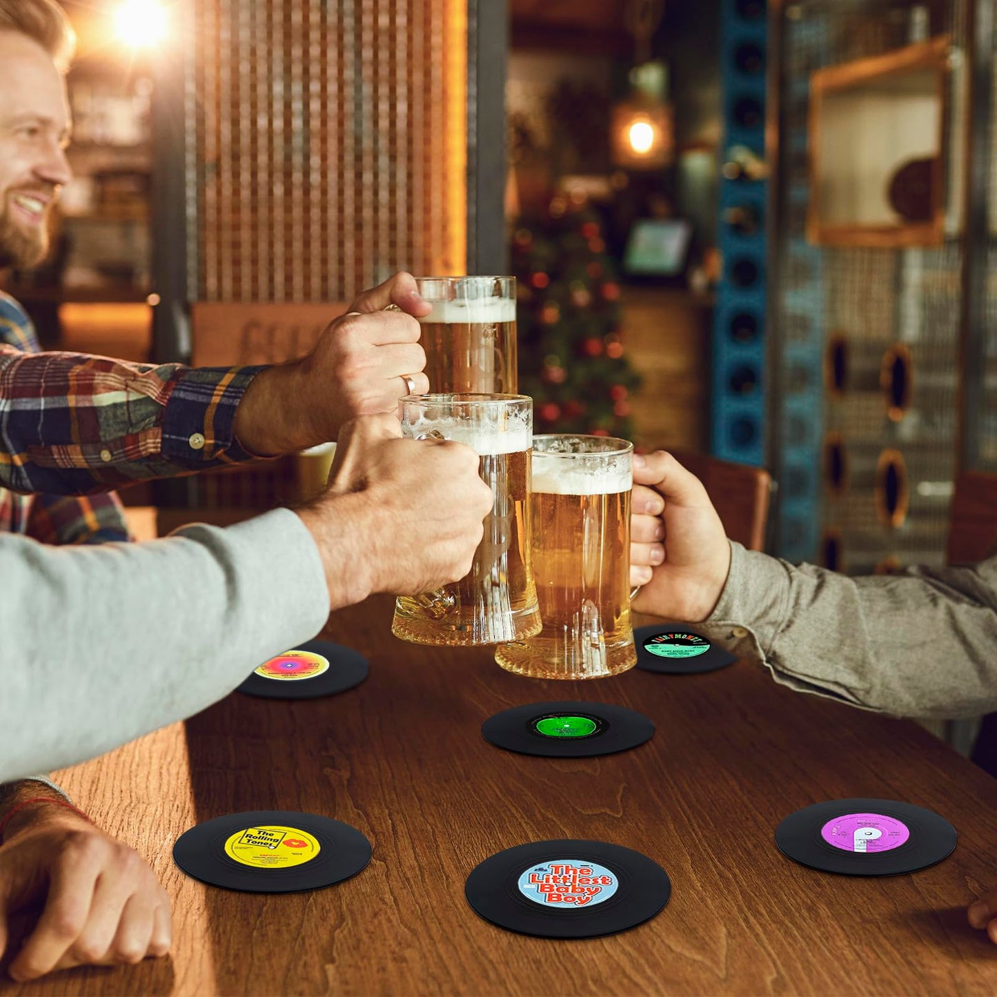 Valdivia retro vinyl record coasters with holder, set of 6 coasters for drinks, bars, parties, office, cafes, tea, cool home decor, and unique housewarming gifts.