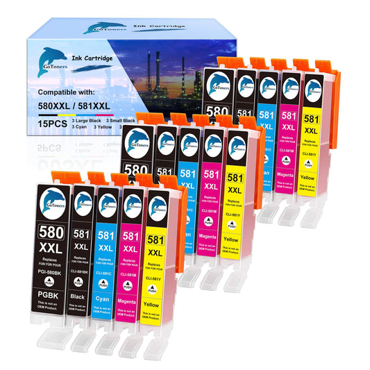 GoToners XXL cartridges Compatible for Canon 580 581 ink cartridges PGI-580 CLI-581 for Canon Pixma TR8550 TS705 TS6350 TS6350a TS705a TS6351 TS6250 TS6150 TS9550 TS6300 TS6251 TR7550 (15-pack)
