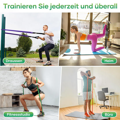 Fokky Fitness resistance bands with 5 levels, includes door anchor, 2 handles, exercise guide, and carrying bag. Great for strength training, yoga, and Pilates. Set of 5.