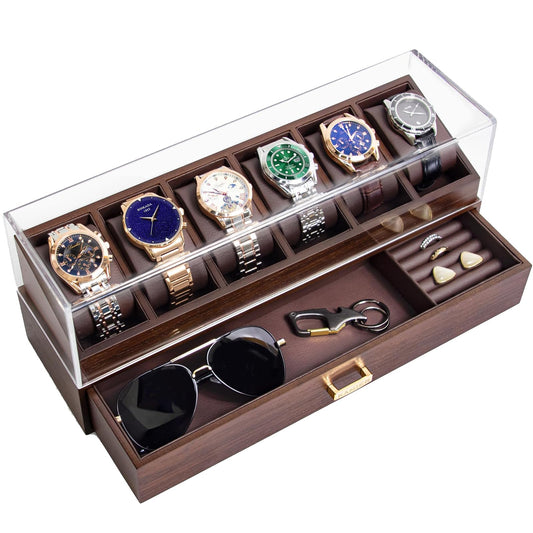 KAMIER Watch Box for Men, Luxurious Watch Case with 6 Compartments, 100% Real Wood Watch Organizer with Drawer, Jewelry Box for Men with Storage Box, Father's Day Gift, with Gift Box