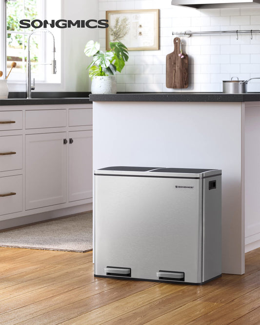 SONGMICS Trash Can, Waste Bin, Recycling System with 2 Compartments, Step Trash Can for Kitchen, 2 x 24L, Softclose, Plastic Inner Buckets, with Foot Pedals and Handles, Silver LTB48NL