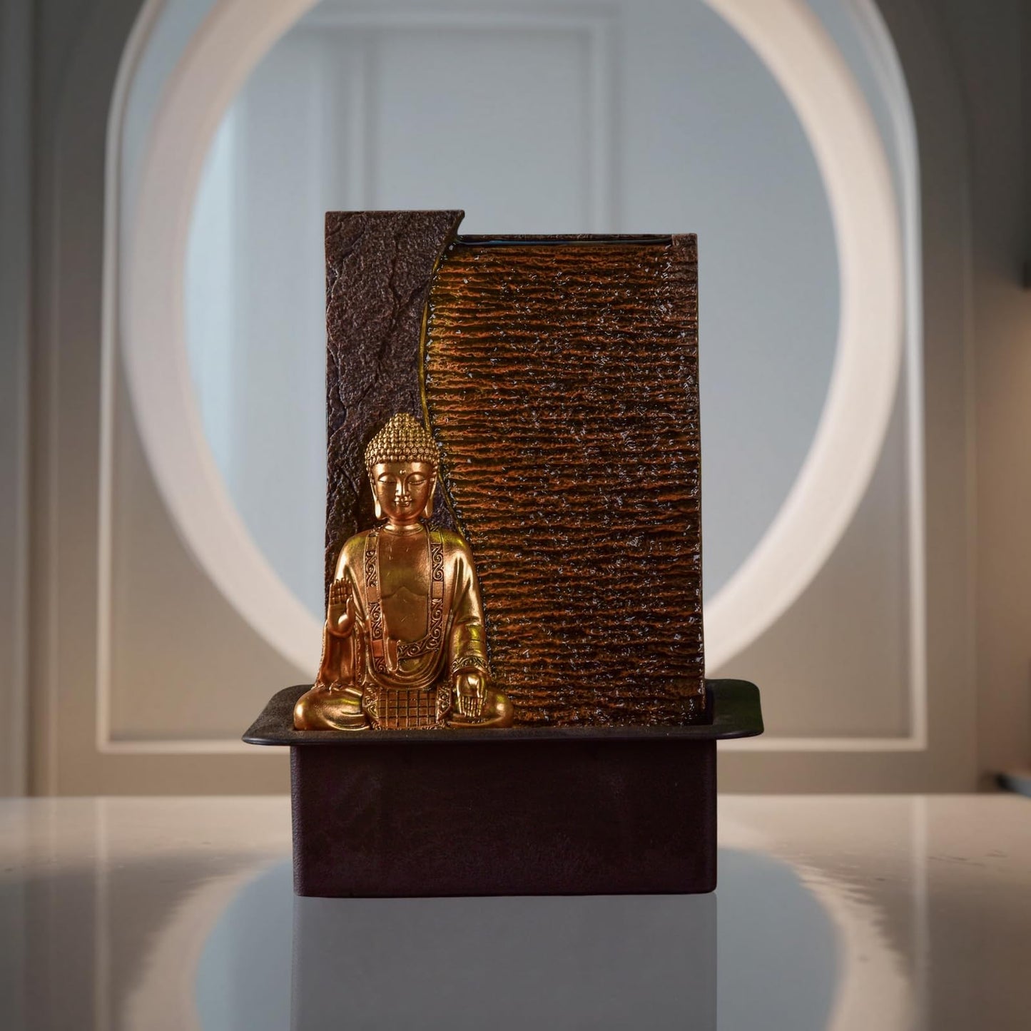 Zen'Light - Buddha Jati room fountain with removable yellow LED strip - Zen decor ideal for meditation and relaxation - Quiet water pump - Lucky fountain with closed circuit - H 40cm