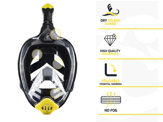 CRESSI Bali Full Face Mask Black/Grey S/M - Diving mask with ultra clear polycarbonate lens, 100% silicone, snorkel float valve, camera mount, black/grey, S/M size, for adults.