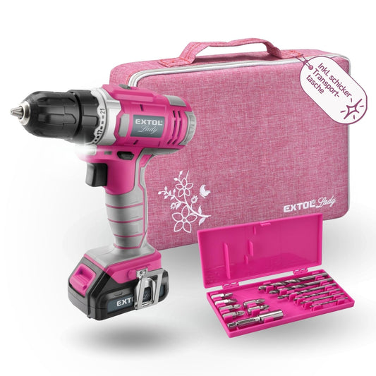 Praise Lady cordless drill for women I 12 Volt cordless screwdriver for women I Drill for wood, metal & plastic I Cordless drill with 12-piece bit & drill set + bag I Tool set Pink