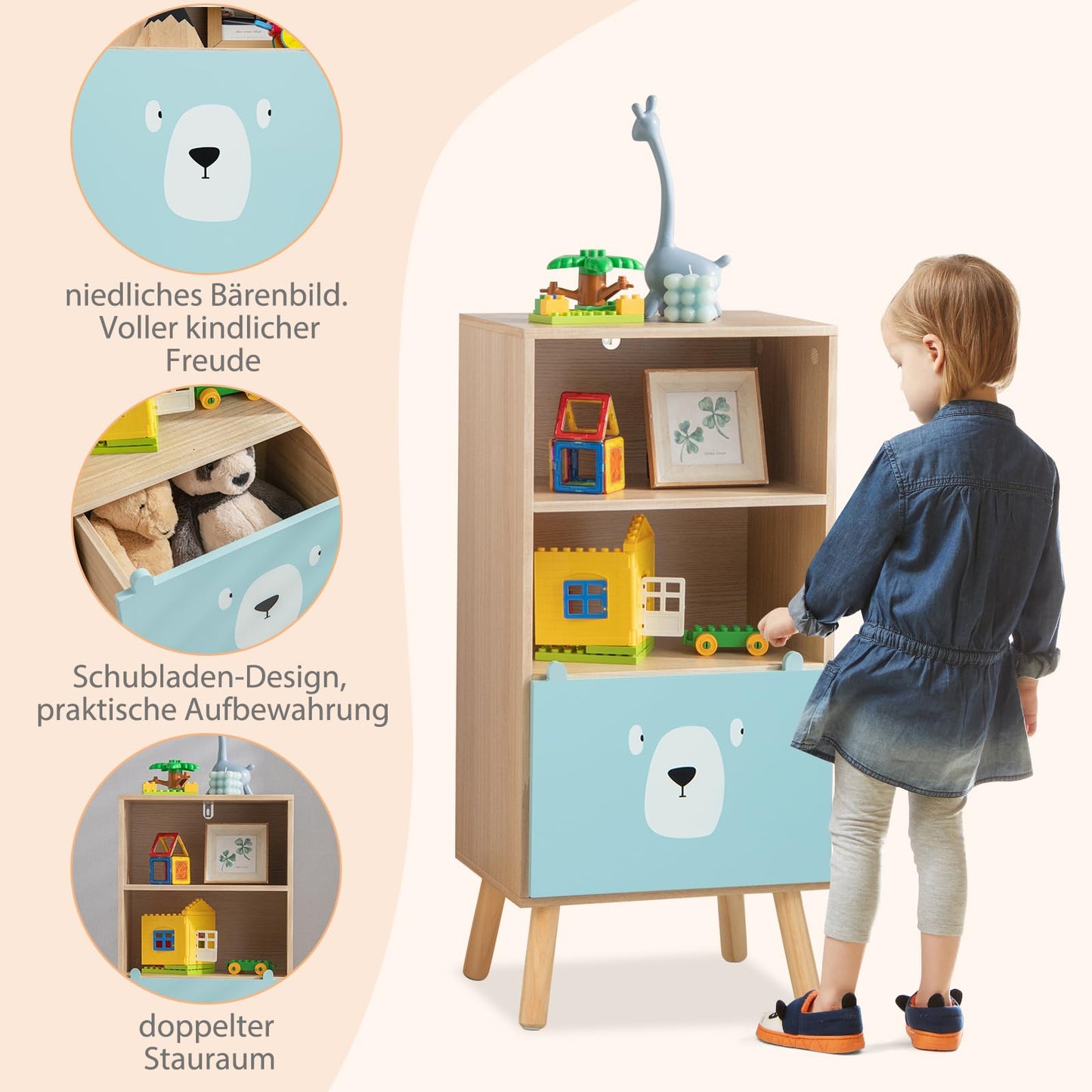 COSTWAY Children's Bookshelf with 3 levels, wooden kids shelf with drawer & 2 open compartments, toy storage shelf for children's room playroom, 40.5 x 29 x 85 cm (Model 1)