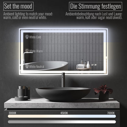 Aquamarin® LED Bathroom Mirror - 120x60 cm, Fog-free, Dimmable, Energy-saving, Digital Clock/Date, 3000-7000K - Bathroom mirror, LED mirror, light mirror, wall mirror for bathroom