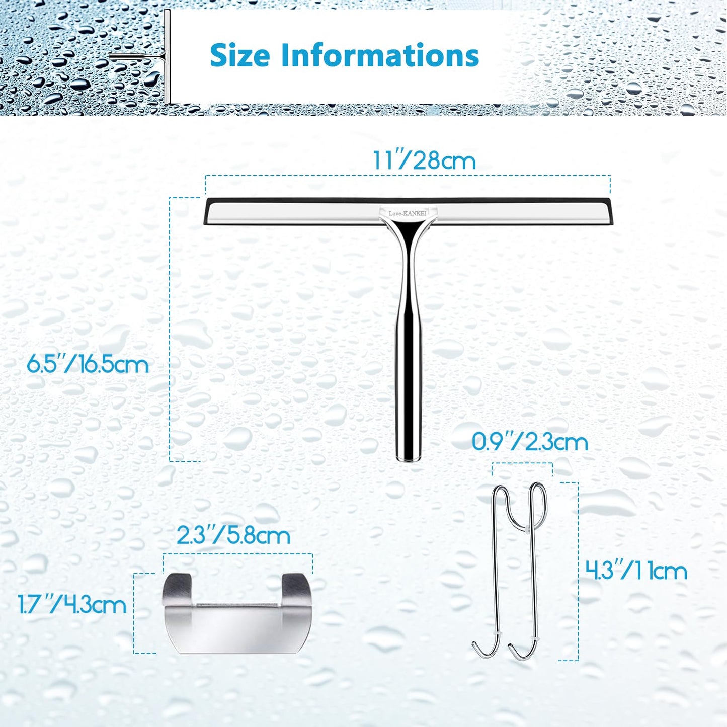 Love-KANKEI Shower Squeegee Window Squeegee with Rubber Blade Including 1 Replacement Blade and 1 Hook (28cm)