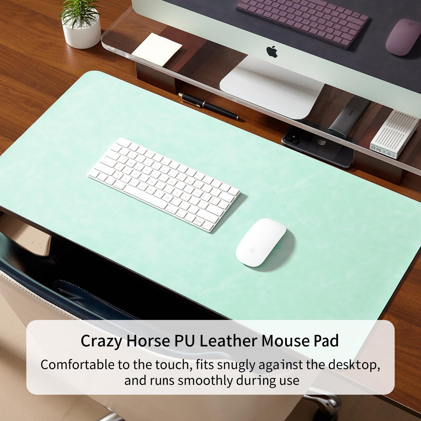 Lllunimon Large Leather Desk Pad Protector Mouse Pad PU Leather Desk Mat Large Mouse Pad Non-Slip Table Mats Mouse Mat Waterproof Writing Pad for Office and Home (Light Green, 120x60cm)