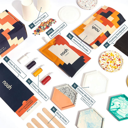 Noah Jesmonite & Terrazzo Starter Kit - Includes silicone molds, colors, gloves, sandpaper, cups, and stirrers - Gift idea (coasters/base colors)
