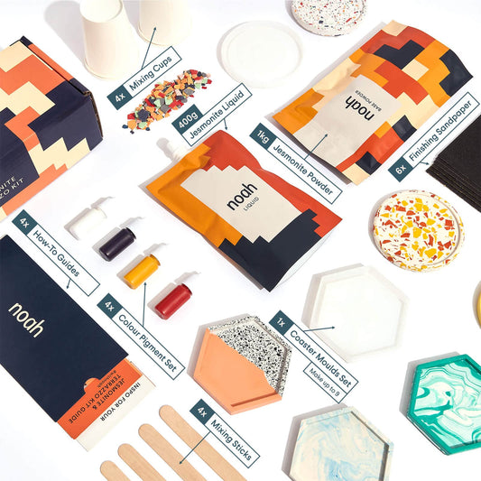 Noah Jesmonite & Terrazzo Starter Kit - Includes silicone molds, colors, gloves, sandpaper, cups, and stirrers - Gift idea (coasters/base colors)