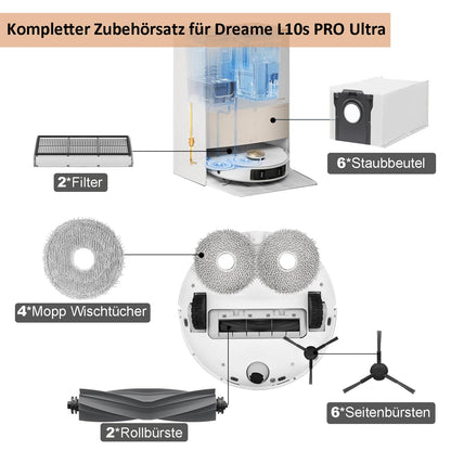 Accessory set for Dreame L10s Ultra Gen 2/ L10s Pro Ultra Heat/ X30 Ultra/MOVA E30 Ultra, includes 2*roller brush, 6*dust bags, 4*mop cloths, 6*side brushes, 2*filters.