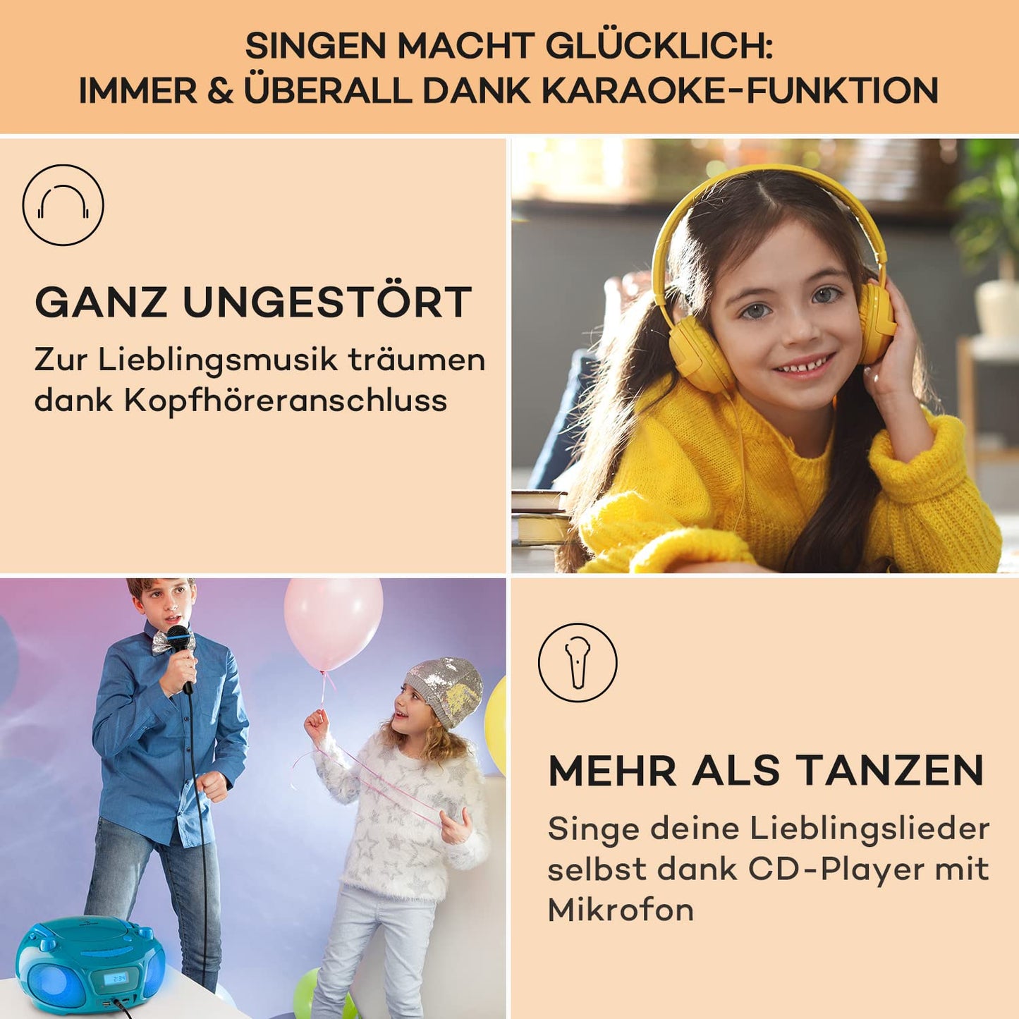 Auna portable radio for kids with CD player, microphone, and USB, 3W boombox with Bluetooth function, AUX/FM radio portable with LED display, MP3, 5.0 streaming, CD-radio for girls and boys.