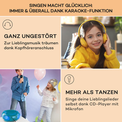 Auna portable radio for kids with CD player, microphone, and USB, 3W boombox with Bluetooth function, AUX/FM radio portable with LED display, MP3, 5.0 streaming, CD-radio for girls and boys.