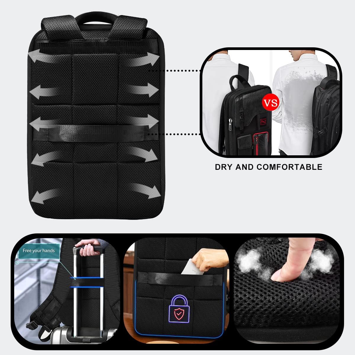 ZINZ laptop backpack 15 15.6 16 inch, Expandable computer backpack with multiple pockets, Anti-theft travel daypack for men and women, Black JP