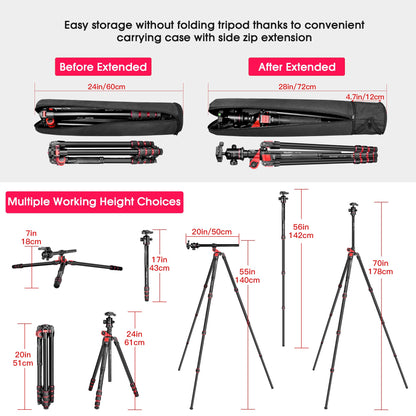 Camera tripod Manbily 178cm 70" horizontal overhead 360° aluminum tripod monopods rotating center column arm 180° travel tripod 36mm ball head & mounting platform for DSLR camera video camcorder