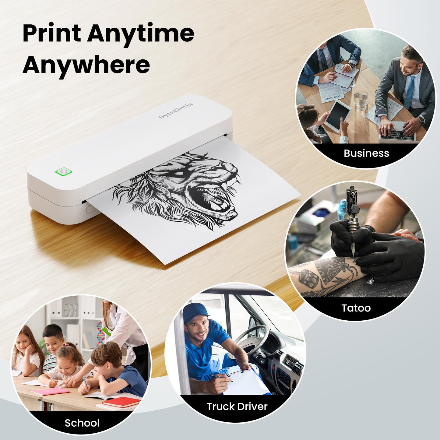 ByteCintia Mobile Printer Bluetooth Thermal Printer A4, Portable Inkless Printer with Android & iOS for Mobile & Laptop, Supports 210x297mm A4 Thermal Paper, D80 White