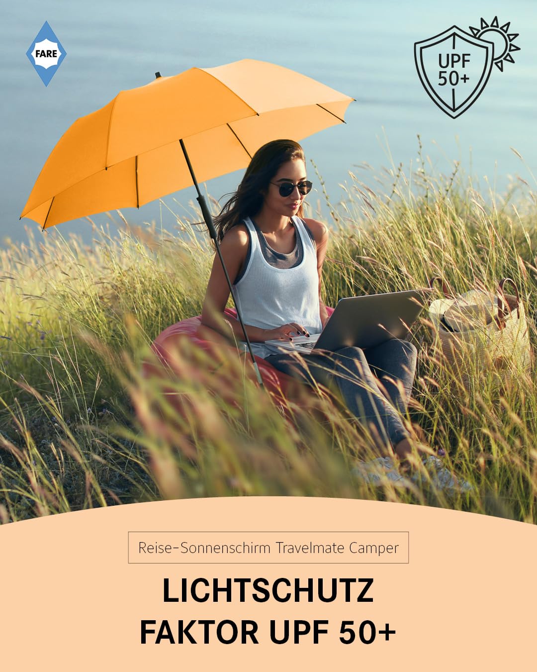 FARE Travel Sun Umbrella Travelmate Camper - Lightweight & Compact, UV Protection UPF50+, Ideal for Travel, Beach, Outdoor & Camping - Can also be used as a rain umbrella.