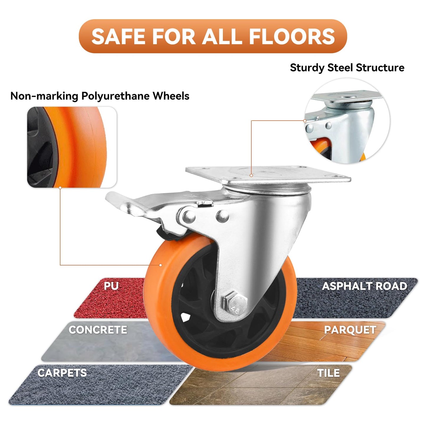 BAOLIHUI 4-Pack Furniture Casters 100MM Casters with Brake 600KG Heavy Duty Casters Furniture Transport Rollers Workbench Tool Cart Pallets Orange