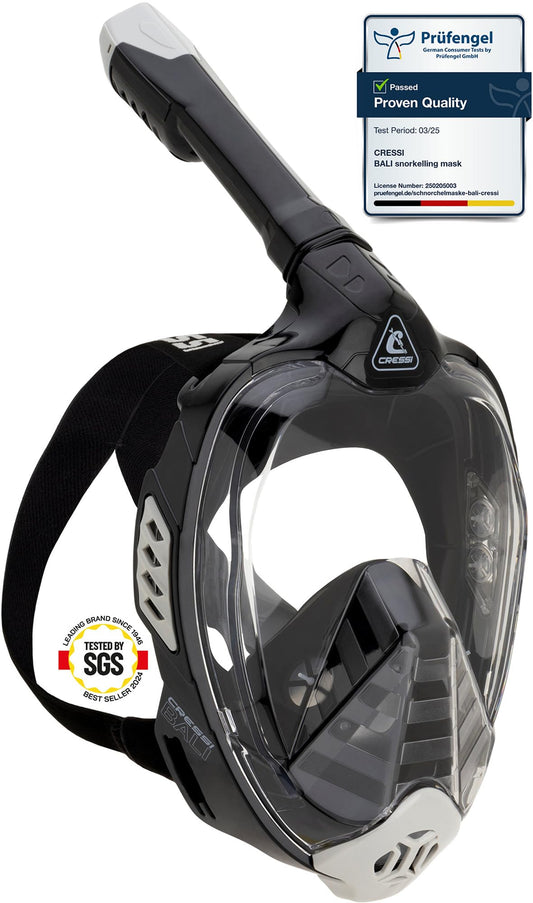 CRESSI Bali Full Face Mask Black/Grey S/M - Diving mask with ultra clear polycarbonate lens, 100% silicone, snorkel float valve, camera mount, black/grey, S/M size, for adults.