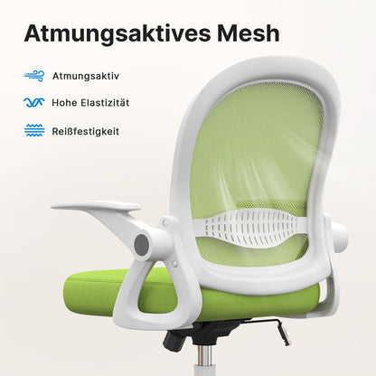 Naspaluro office chair, ergonomic desk chair with breathable mesh backrest, foldable armrests, adjustable height, computer chair, lightweight chair, 360° swivel chair, green.