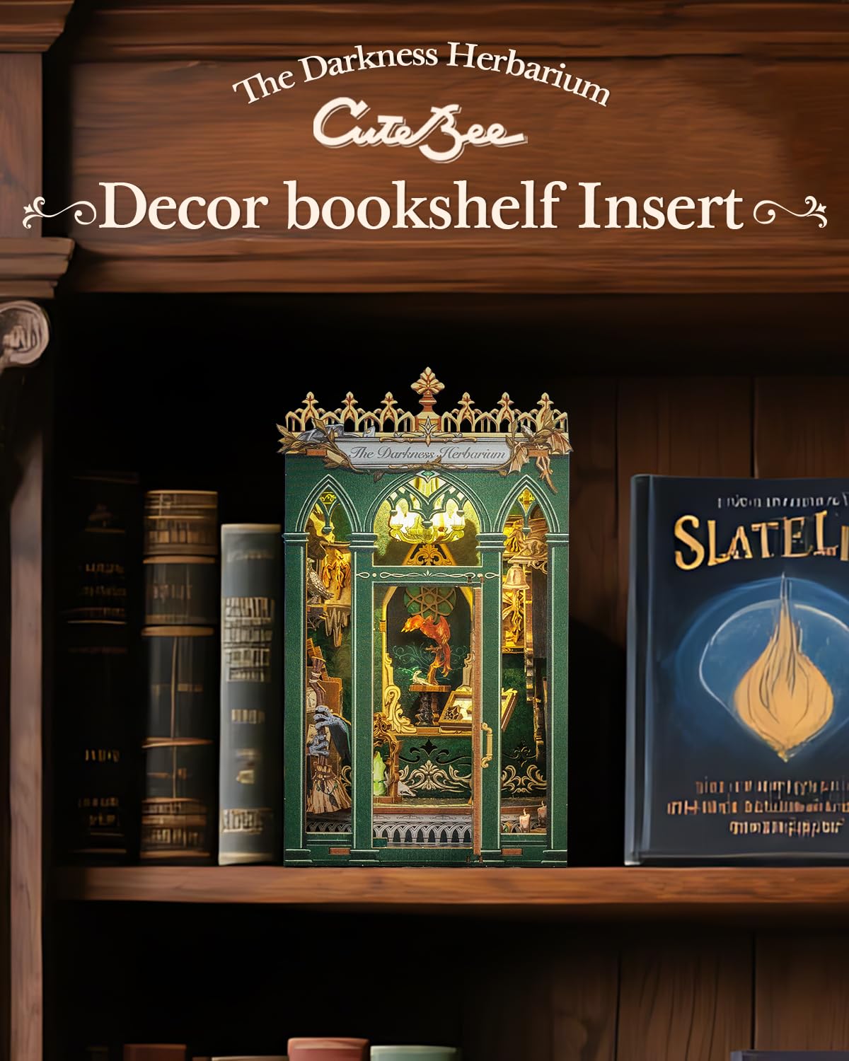 CUTEBEE Book Nook Kit - DIY Miniature House Dollhouse Booknook 3D Wooden Puzzle Library with Dust Cover and LED Light, Unique Bookshelf Decor & Gift for Adults (The Darkness Herbarium)