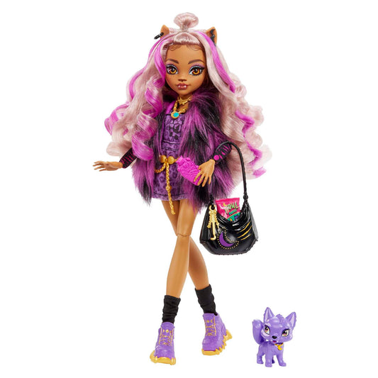 Monster High Clawdeen doll, werewolf fashion doll with pink and blonde hair, pet and doll accessories, toy for children aged 4 and up, HHK52