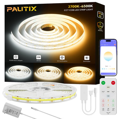 PAUTIX COB LED strip CCT warm white cool white, 10M dimmable 2700K-6500K with smart app control 6400 LEDs 24V LED strip light set with power supply, CRI93+ super bright for kitchen TV DIY lighting.