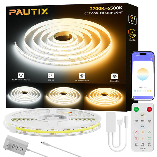PAUTIX COB LED strip CCT warm white cool white, 10M dimmable 2700K-6500K with smart app control 6400 LEDs 24V LED strip light set with power supply, CRI93+ super bright for kitchen TV DIY lighting.