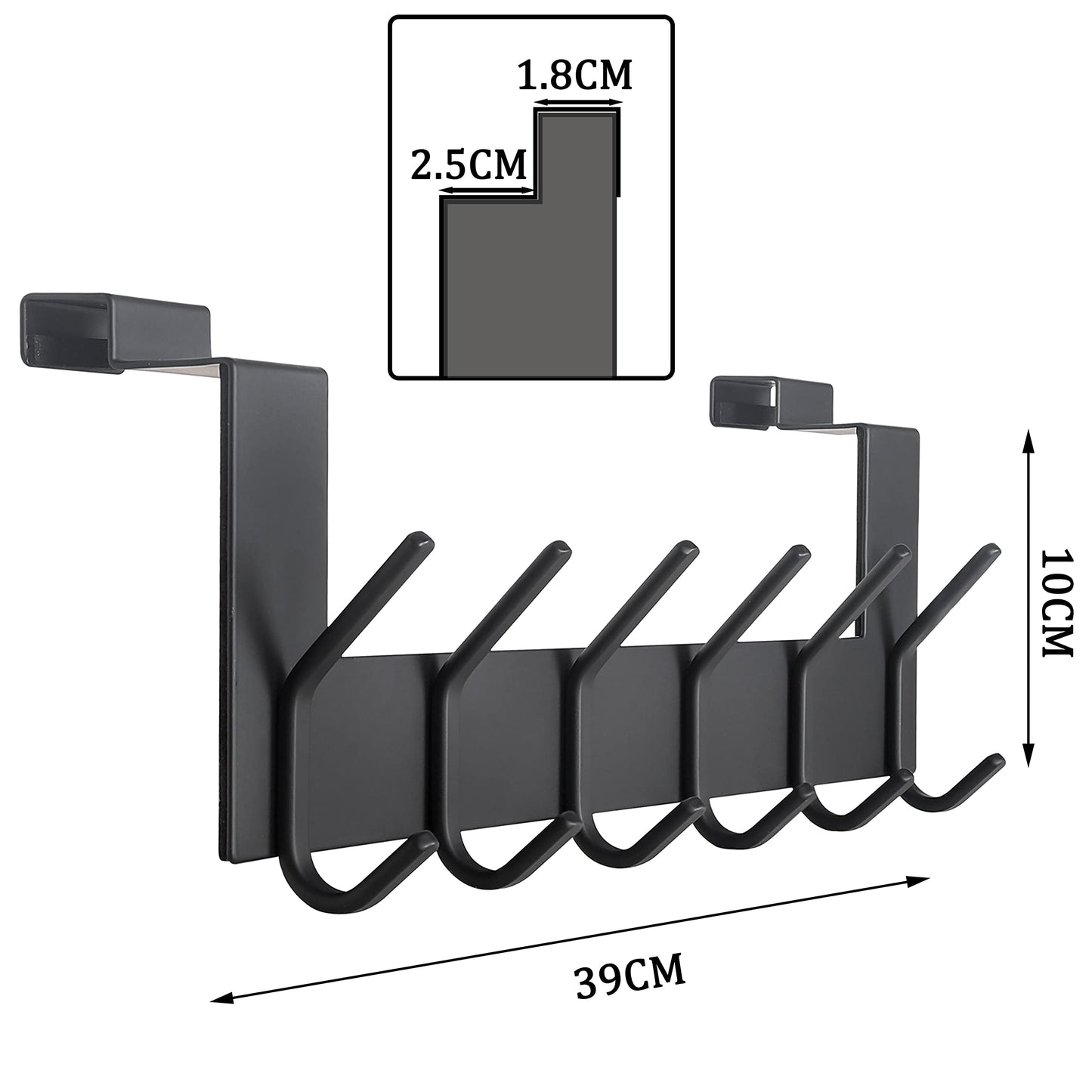 SKOLOO Door Hooks with 6 Hooks, Metal Over Door Hook Rack Inside - 2 Pack Coat Hooks for Towel Holder, Coats, Black