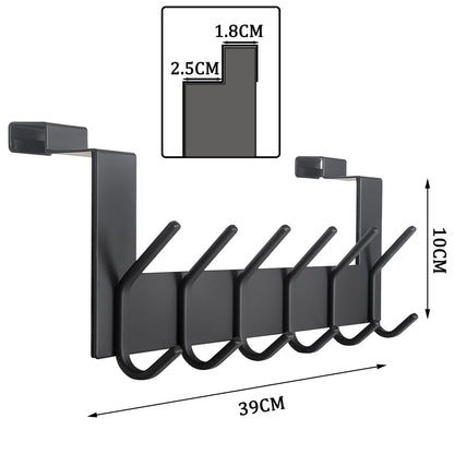 SKOLOO Door Hooks with 6 Hooks, Metal Over Door Hook Rack Inside - 2 Pack Coat Hooks for Towel Holder, Coats, Black